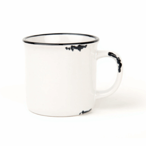 Fehér vintage stílusú, zománc hatású bögre fekete peremmel és kopott mintával – egyedi feliratozható | Reja.hu