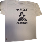 Fehér póló vicces vakond figurával és „Beszólt, elástam!” felirattal