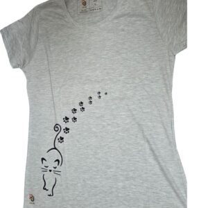 Szürke póló minimalista cicás grafikával és fekete tappancs nyom mintával.