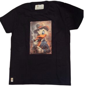 Fekete póló rajzolt gengszter stílusú kacsával, kalapban és szivarral ábrázolt karakterrel.