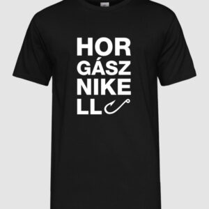 Fekete horgászos póló „Horgász Nikell” felirattal és horog grafikával