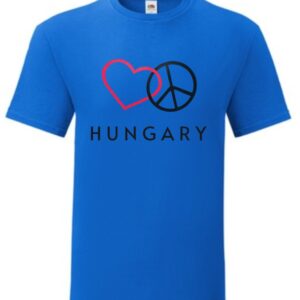 Kék póló Hungary felirattal, szív és békejel grafikával, letisztult nemzeti dizájn