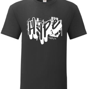 Fekete póló graffiti stílusú Hype felirattal, streetwear dizájn spray motívumokkal