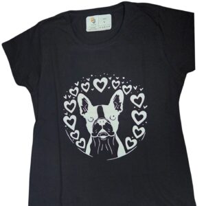 Fekete póló bulldog kutya grafikával, szívecskés körmotívummal
