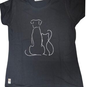Fekete póló minimalista kutya és macska vonalrajz mintával, állatbarát dizájn