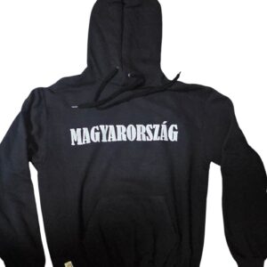 Fekete kapucnis pulóver „Magyarország” felirattal, fehér hímzett betűkkel