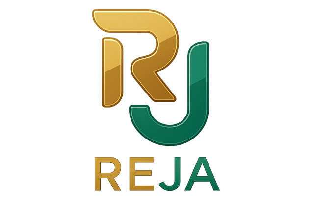 Reja logó arany és zöld RJ monogrammal fekete háttéren